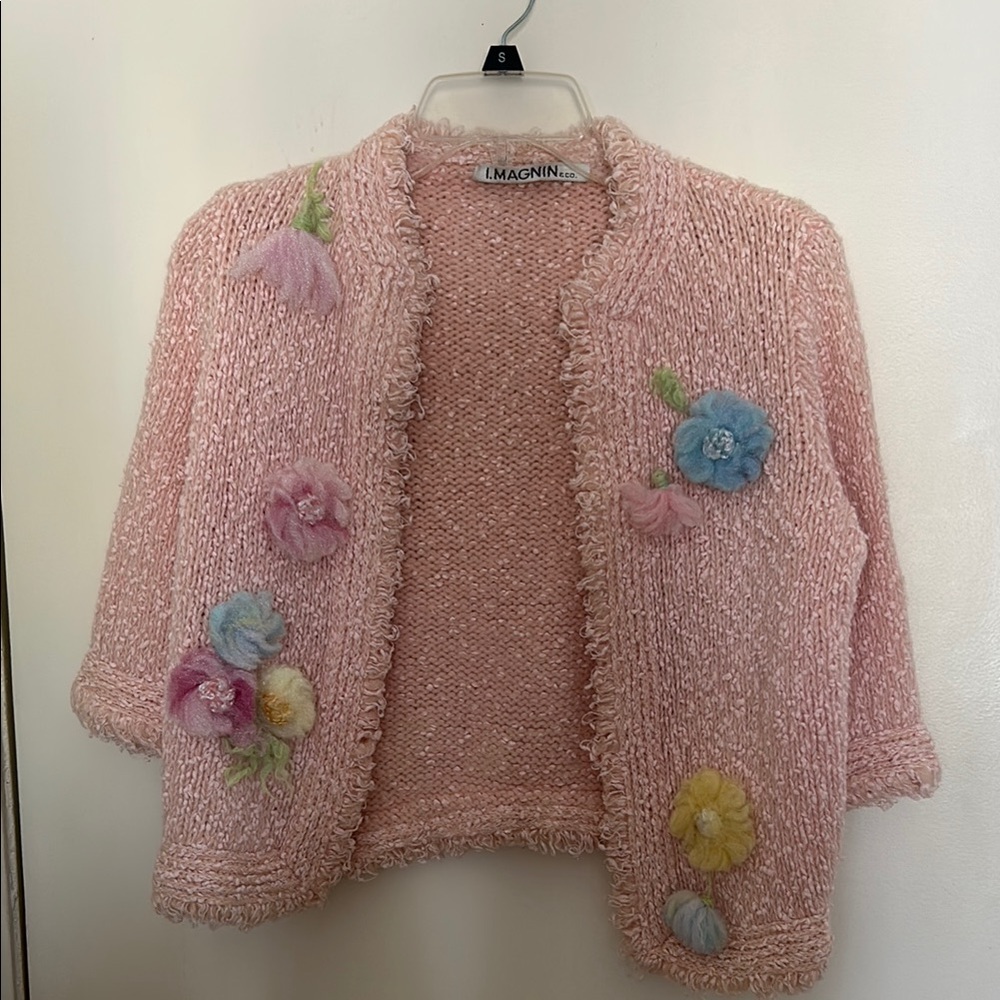 Vintage 60’s IMAGNIN Pink Knit Cardigan with Floral Accents